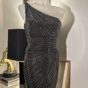 GORGEOUS SHERRY HILL ONE SHOULDER ASYMMETRICAL HOT FIX COCKTAIL DRESS.  SIZE 4